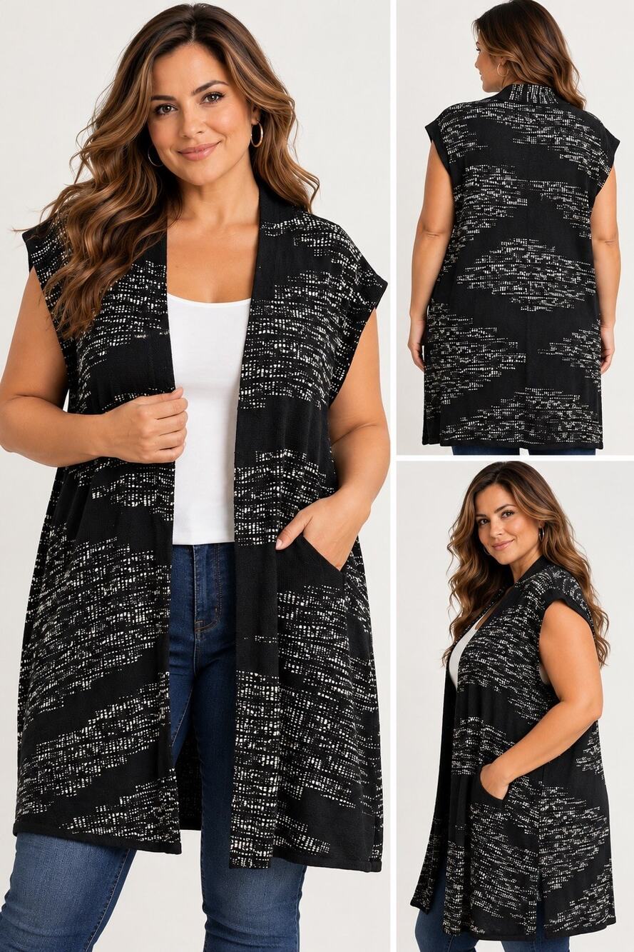Chicos Size 3 XL Vest Black Ivory Abstract Knit Open Front Longline Boho Artsy